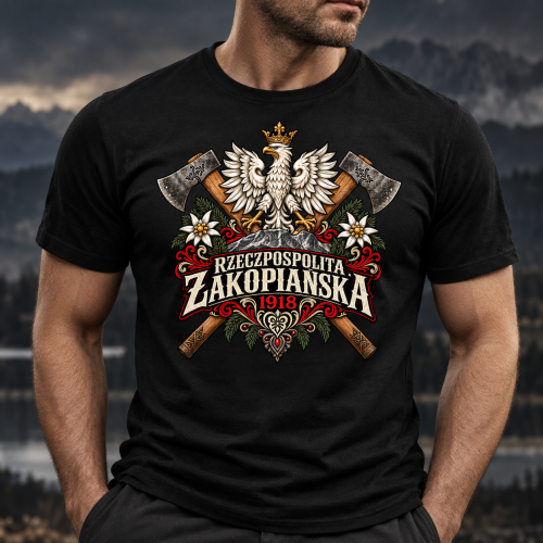 rzeczpospolita zakopiańska koszulka męska czarna na modelu.png