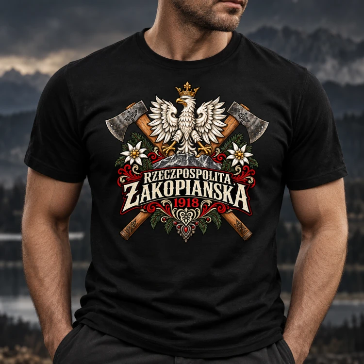 rzeczpospolita zakopiańska koszulka męska czarna na modelu.png