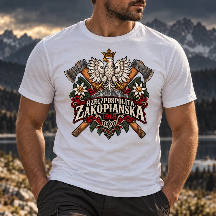 rzeczpospolita zakopiańska koszulka męska biała na modelu.png